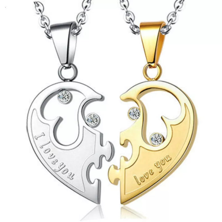 2 Pieces/set Titanium Steel Couple Pendant Necklace Women and Men I Love You Half Heart Puzzle Crystal Choker Necklace Fashion