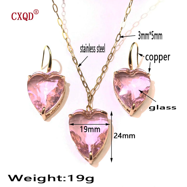 Colorful Clear Peach Heart Necklace Glass Set